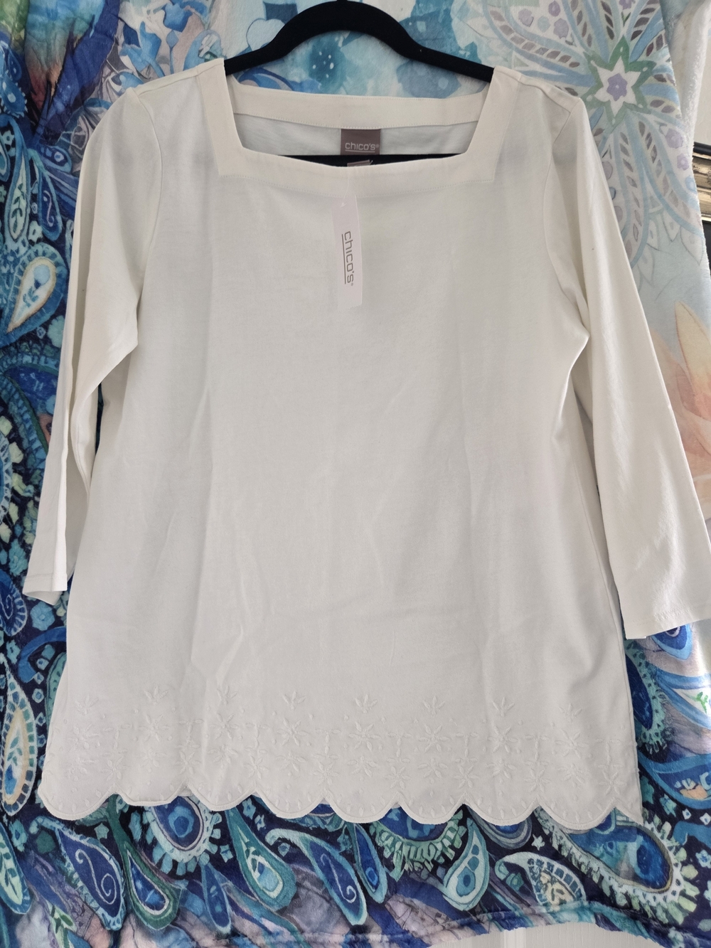 Chico's Cream Square-Neck Tunic with Scalloped Hem